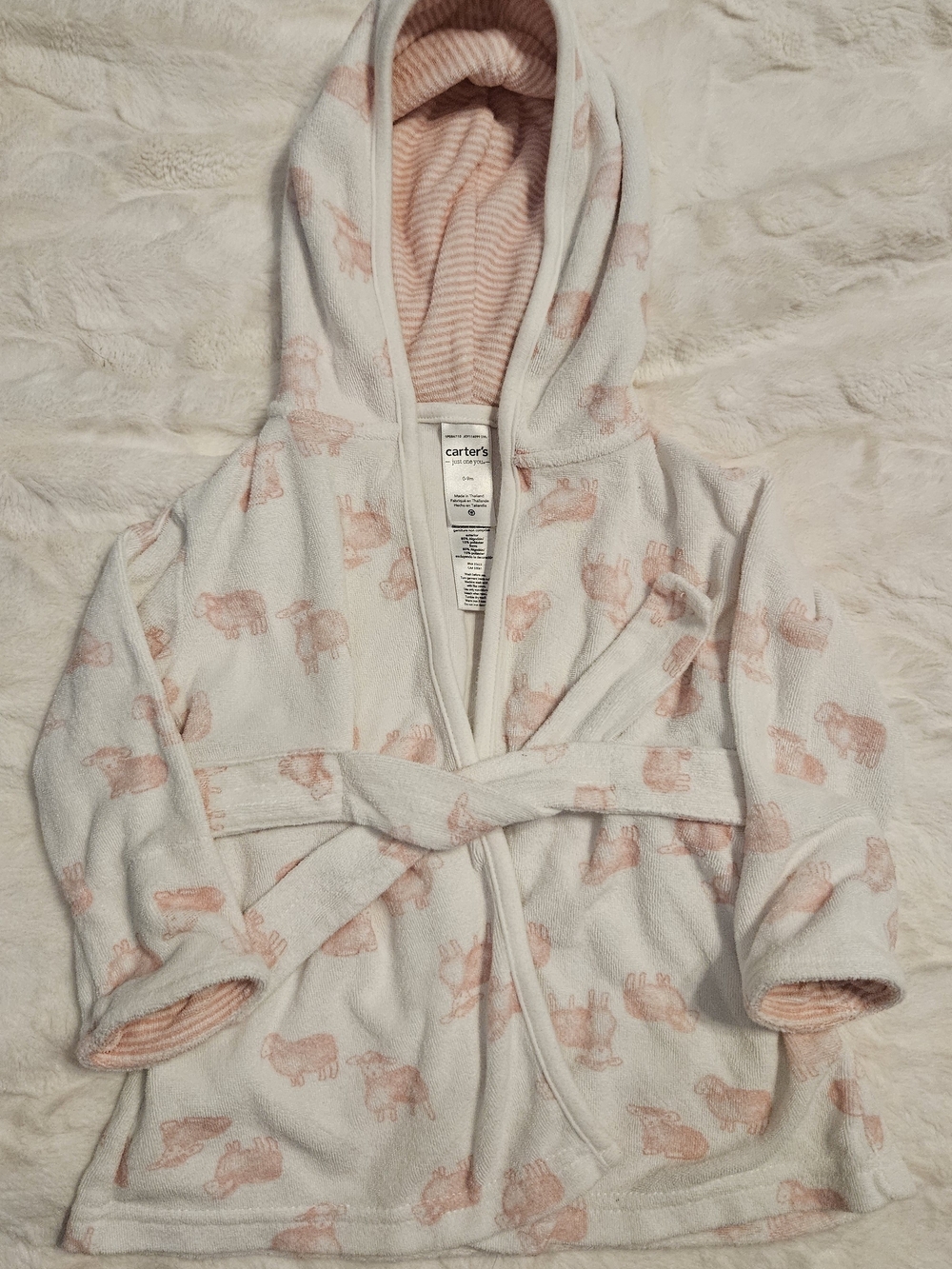 Carter's White Hooded Kids Robe with Soft Pink Lamb Print